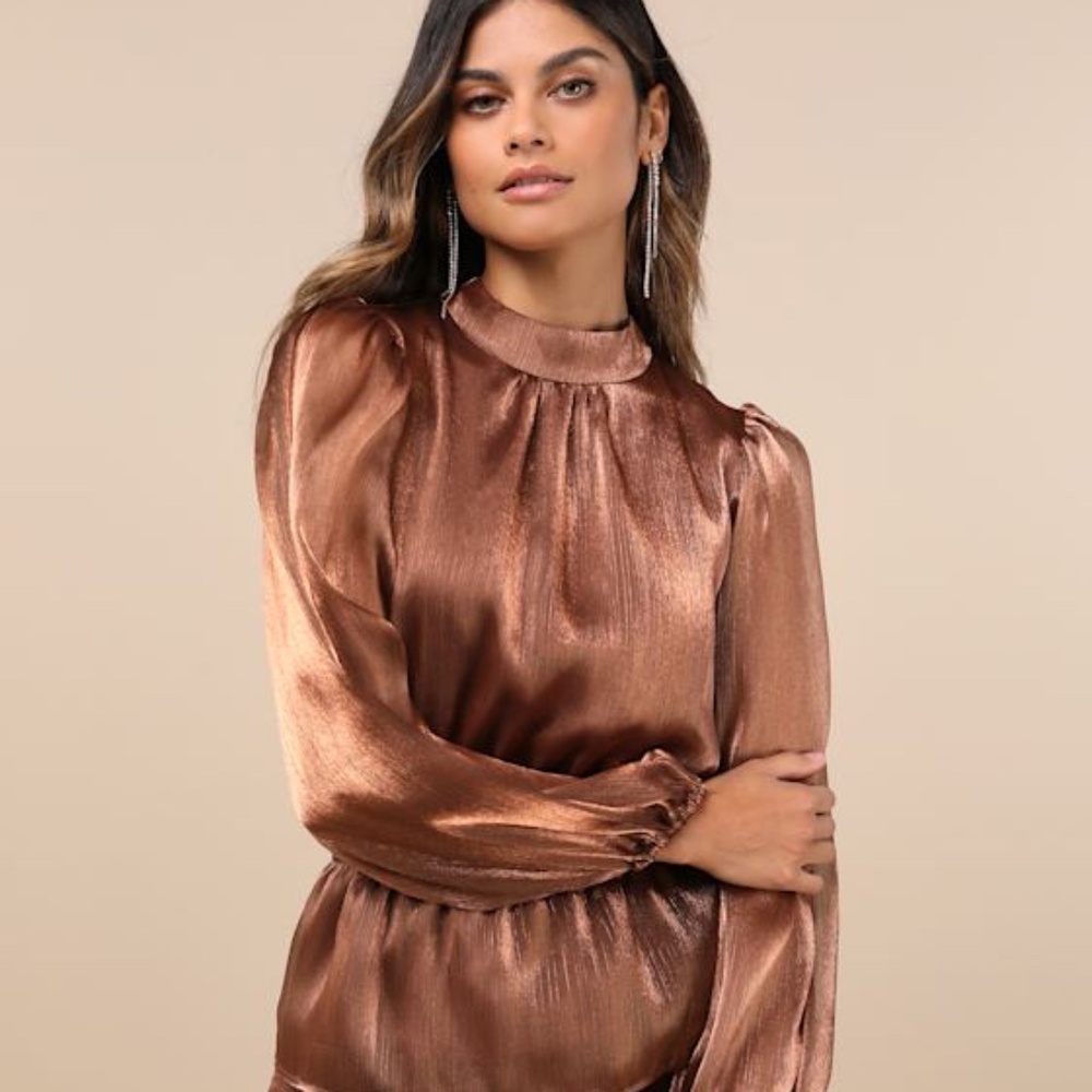 Lulus Ideal Behavior Bronze Metallic Backless Tiered Mini Dress Brown - Size S